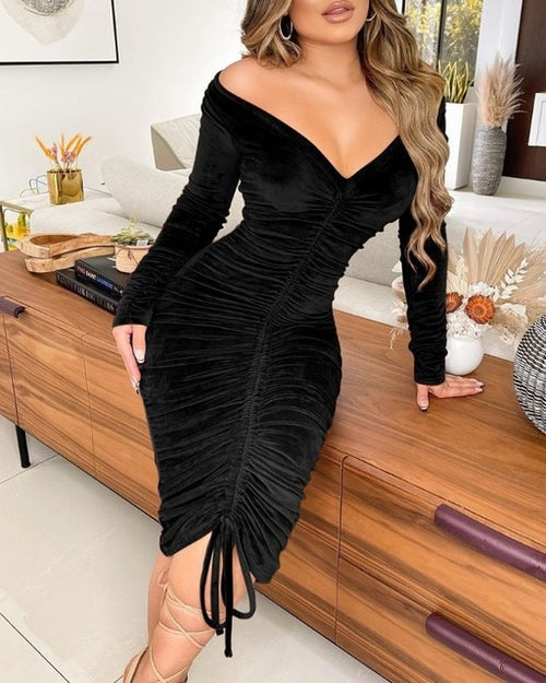 Load image into Gallery viewer, Velvet Drawstring Off Shoulder Midi Dress
